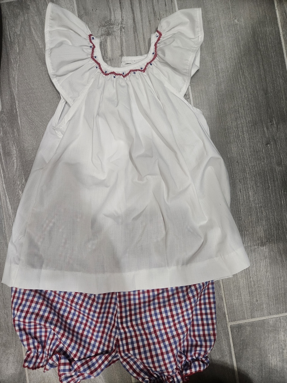 White Ruffle-Shoulder Top with Red & Blue Check Bloomers - Picture 1 of 2